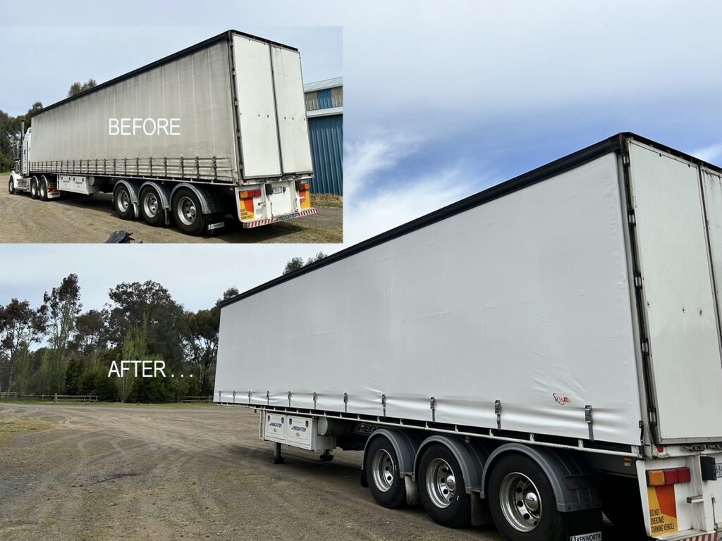 Tautliner curtain before and after repair, with no visible patch
