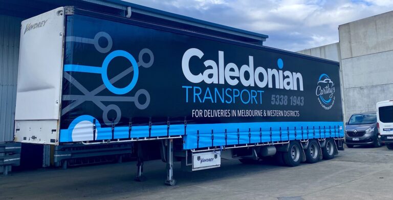 Custom printed tautliner curtains for Caledonian Transport