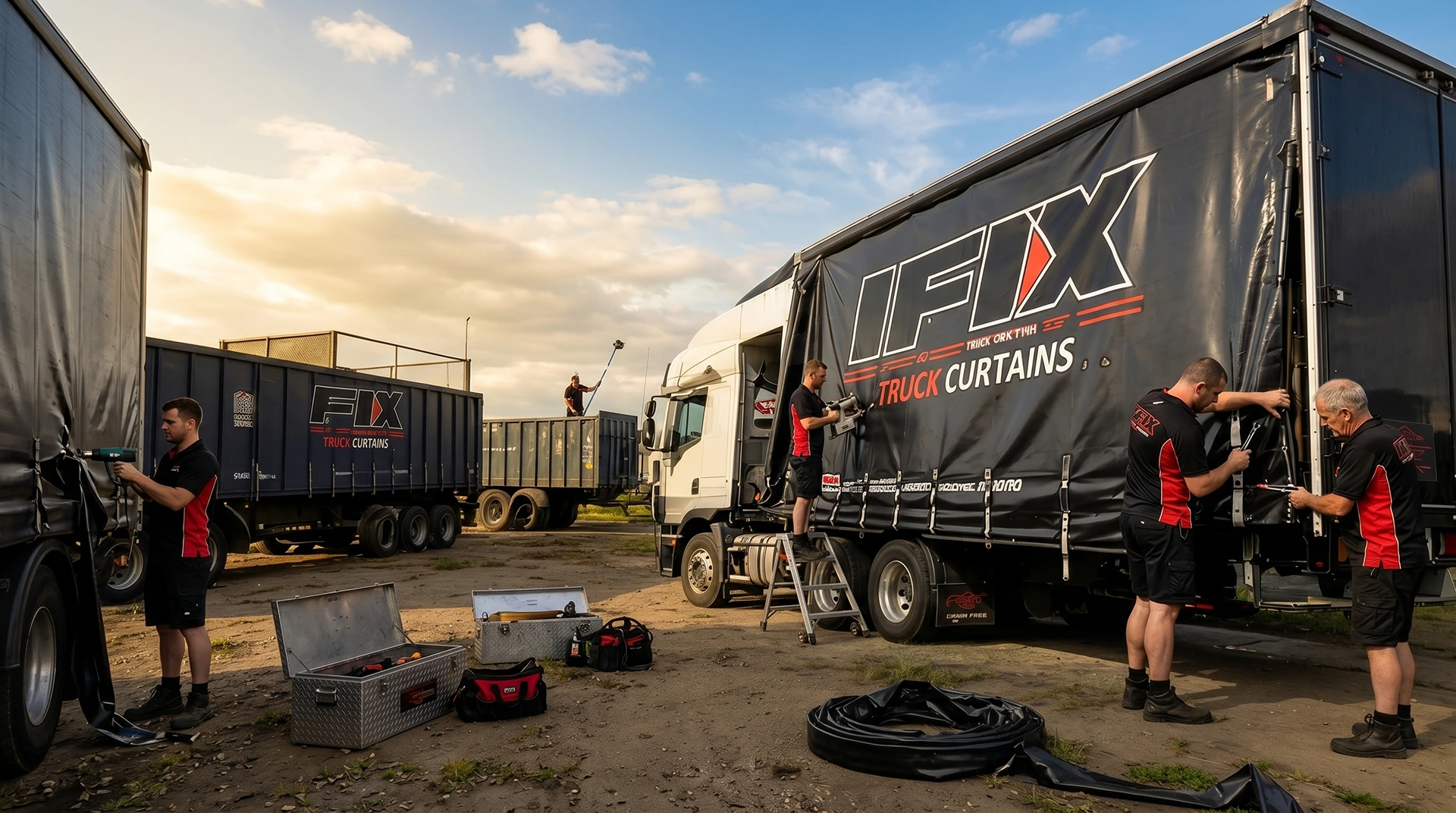 iFix technicians repairing a tautliner curtain on site