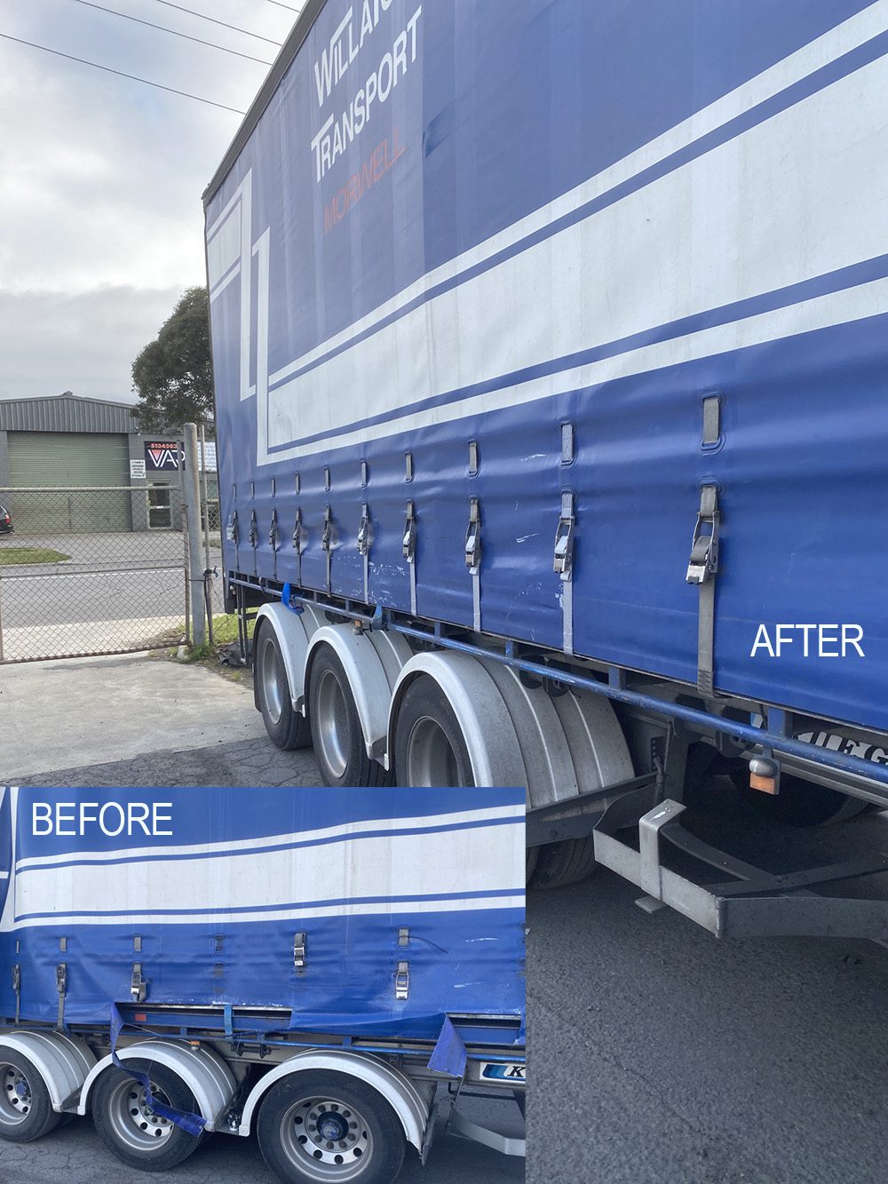 Willaton tautliner curtain before and after an on-site repair